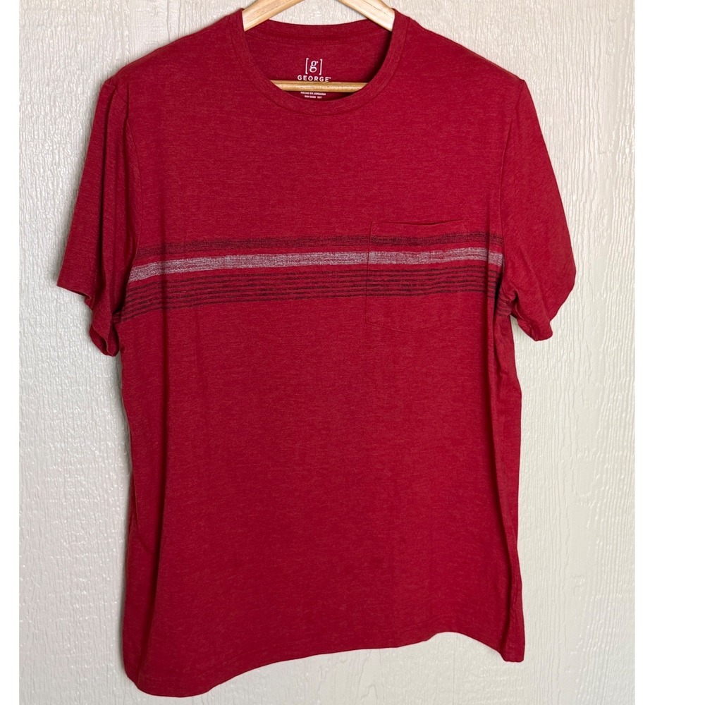 George Mens XL Red  Festive Heather Short Sleeve Pocket Tee Striped Graphic